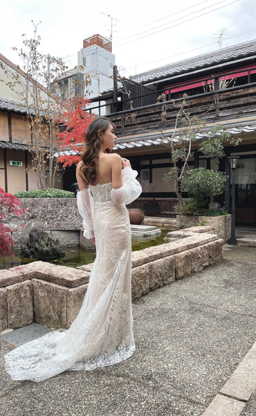 ボリューム袖 ベアトップ 総レースドレス(W251)