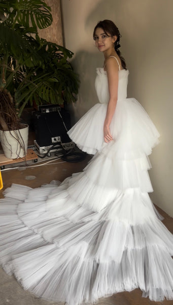 チュール ロングトレーン ミニドレス(W367)