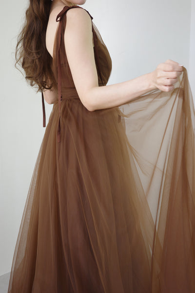 リボンショルダー Vネック ブラウン チュールドレス(W271)