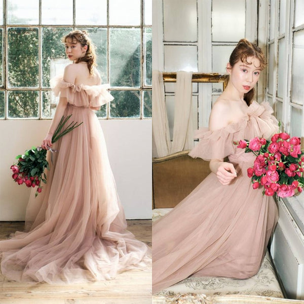 フリル オフショルダー チュールドレス ピンクブラウン(W337PB)