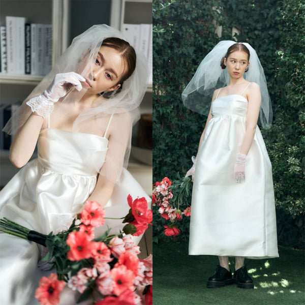 ミカド風 サテン スパゲッティストラップ コクーンドレス(W345)