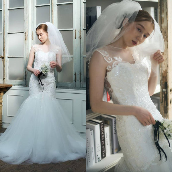 フレンチスリーブ 刺繍 マーメイドドレス(W336)