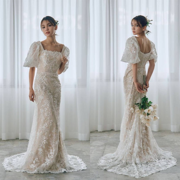 スクエアネック パフスリーブ 総レースドレス(W314)