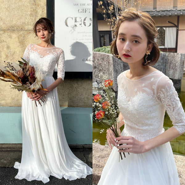 ボートネック 刺繍レース 袖付きドレス(W50)