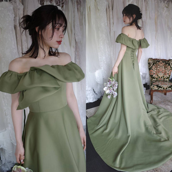 オフショルダー Aラインドレス モスグリーン(W274MG)