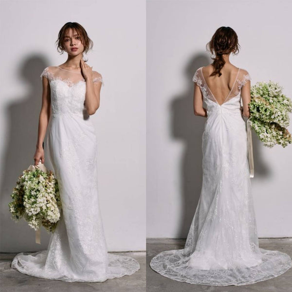 リーフ刺繍 フレンチスリーブ ソフトマーメイドドレス(W317)