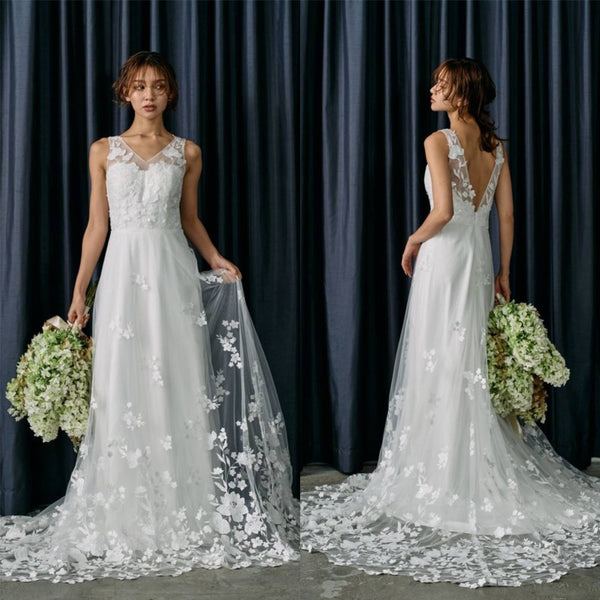 Vネック 刺繍 スレンダードレス(W318)