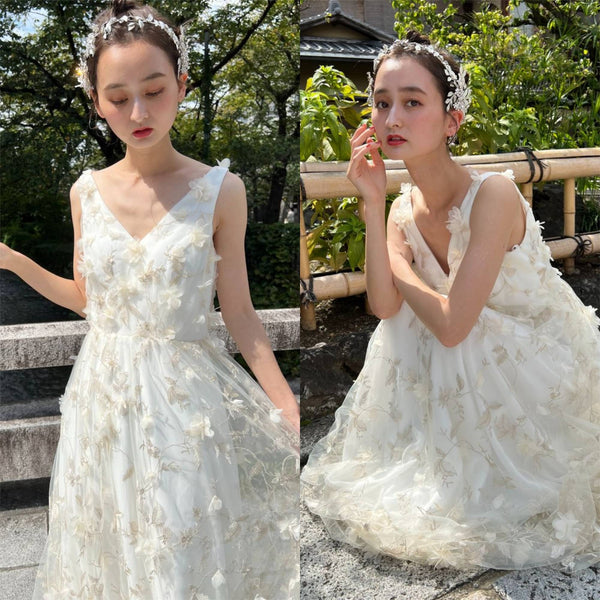 フラワーレース Vネック ノースリーブドレス(W262BE)