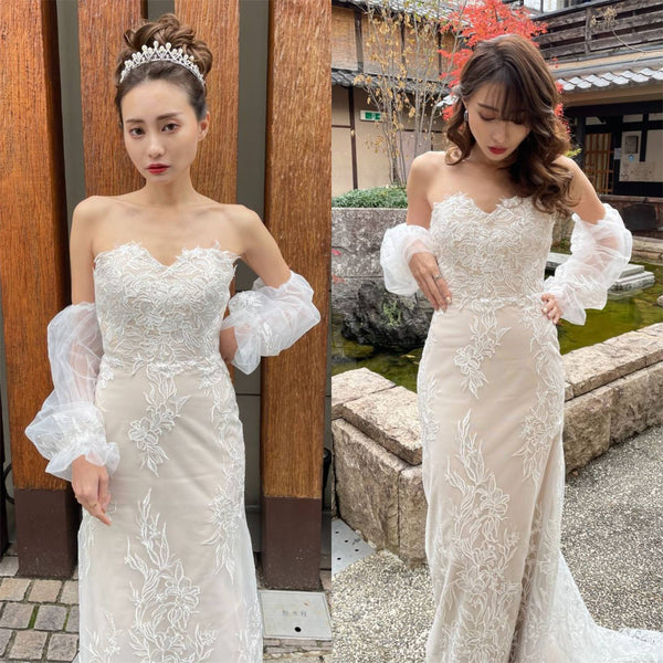 ボリューム袖 ベアトップ 総レースドレス(W251)