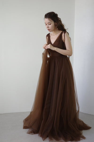 リボンショルダー Vネック ブラウン チュールドレス(W271)