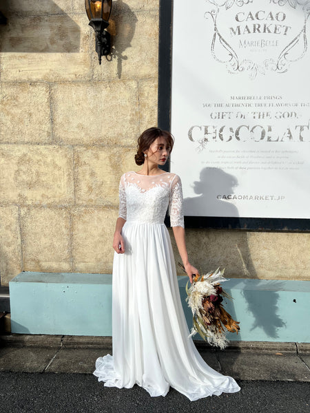 ボートネック 刺繍レース 袖付きドレス(W50)