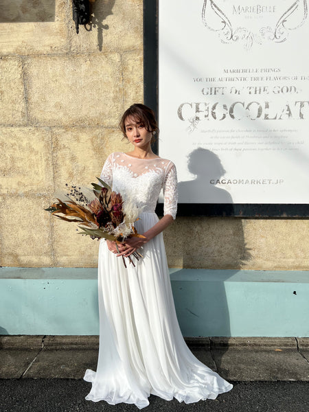 ボートネック 刺繍レース 袖付きドレス(W50)