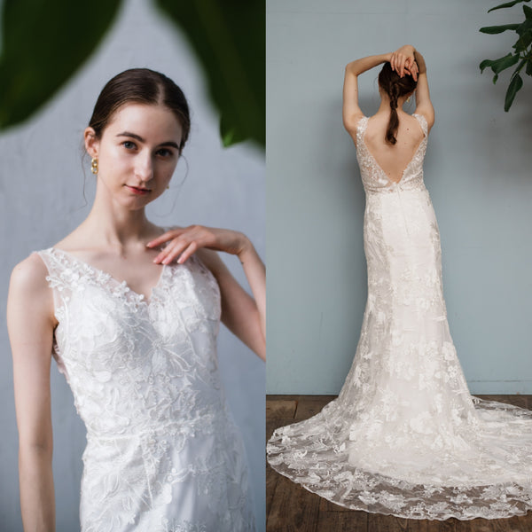 刺繍 総レース バックV ソフトマーメイドドレス(W255)