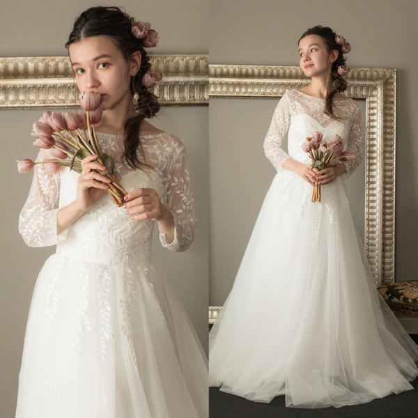 リーフデザイン 七分袖 チュール ウエディングドレス(W29)