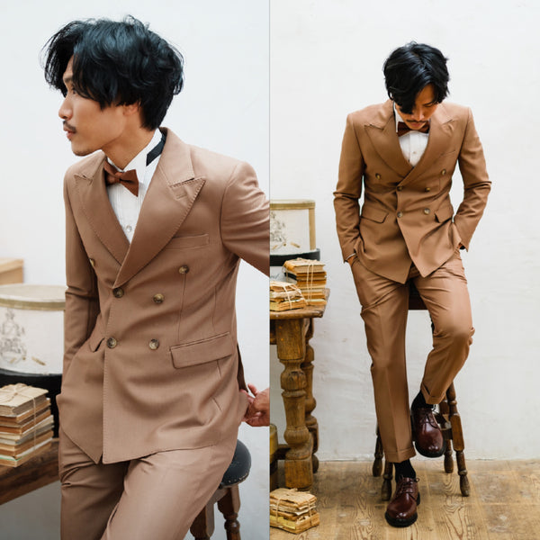 ダブル メンズスーツ タキシード ツーピース カーキブラウン (M02)