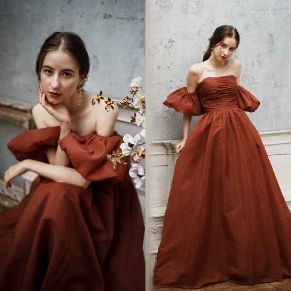 オーガンジーサテン パフスリーブドレス ボルドー(W260BO)