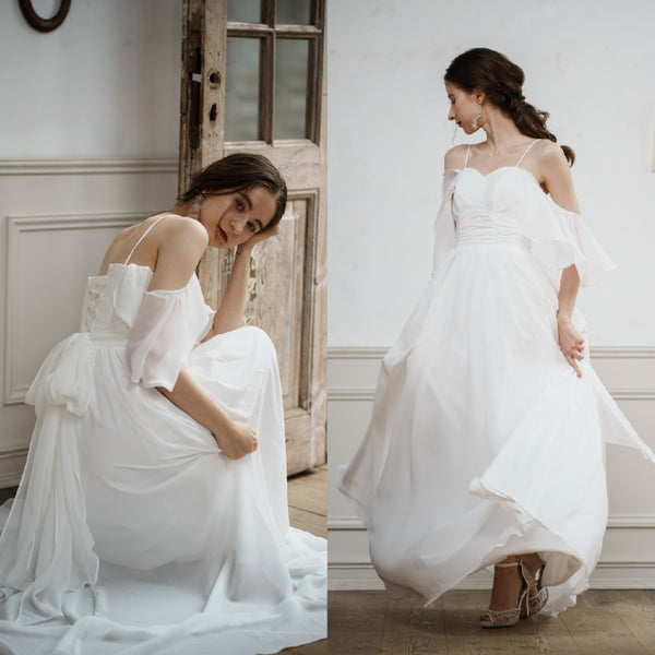 オフショルダー バックリボン シフォンドレス(W199)