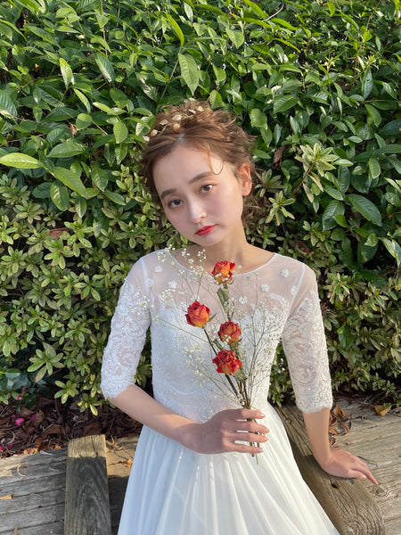 ボートネック 刺繍レース 袖付きドレス(W50)