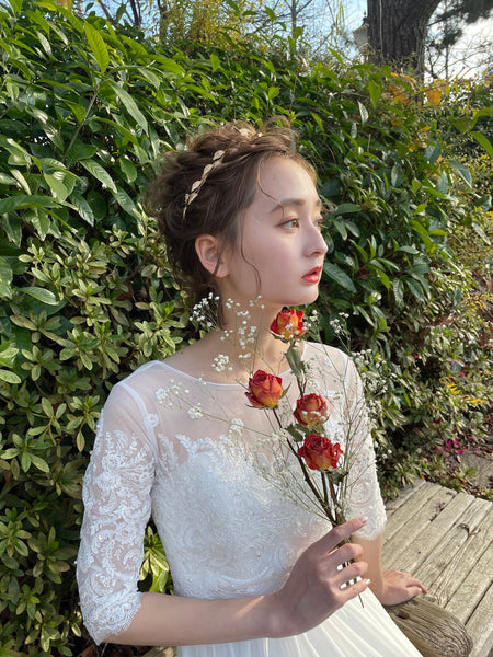 ボートネック 刺繍レース 袖付きドレス(W50)