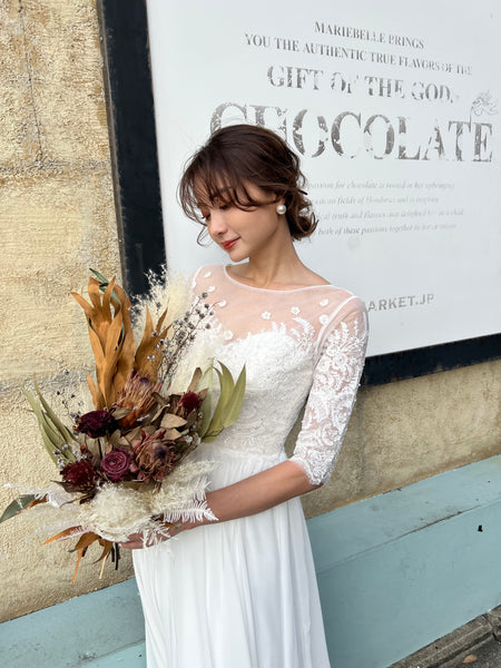 ボートネック 刺繍レース 袖付きドレス(W50)