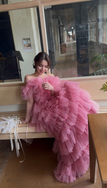 オフショルダー チュール ティアードドレス(W358)