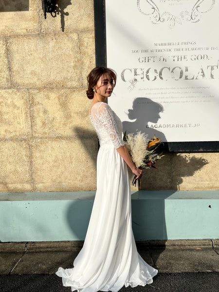 ボートネック 刺繍レース 袖付きドレス(W50)