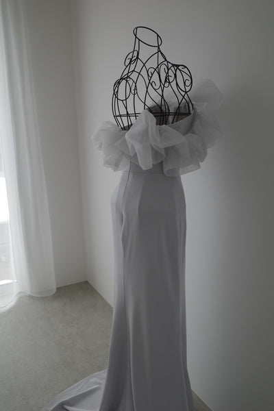 チュールショルダー ソフトマーメイドドレス ブルーグレー(W341BG)