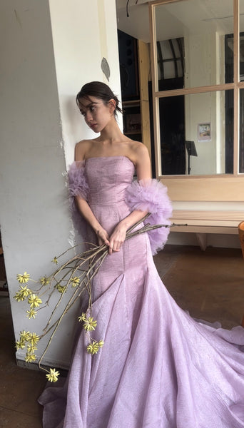 フリルスリーブ ベアトップ ソフトマーメイドドレス(W361)