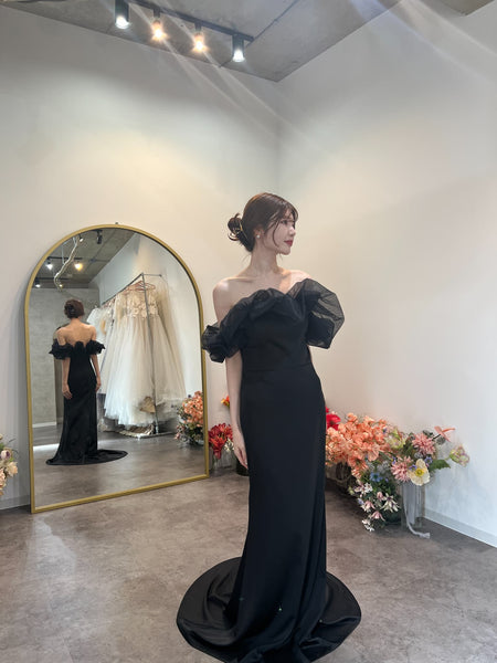 チュールショルダー ソフトマーメイドドレス ブラック(W341BK)