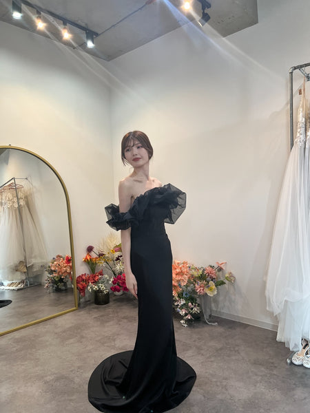 チュールショルダー ソフトマーメイドドレス ブラック(W341BK)