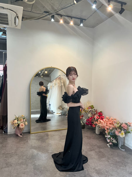 チュールショルダー ソフトマーメイドドレス ブラック(W341BK)