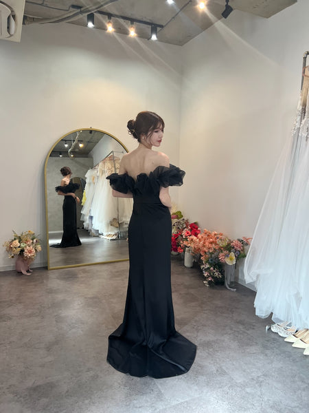 チュールショルダー ソフトマーメイドドレス ブラック(W341BK)