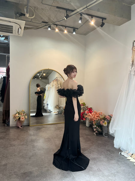 チュールショルダー ソフトマーメイドドレス ブラック(W341BK)