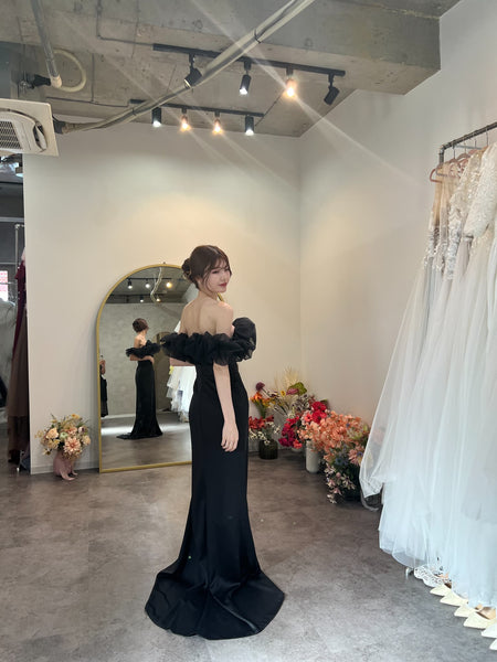 チュールショルダー ソフトマーメイドドレス ブラック(W341BK)