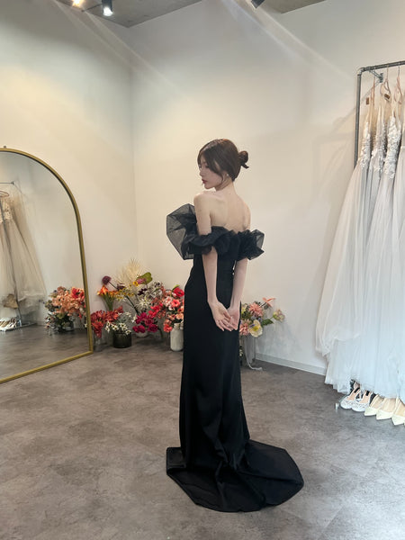 チュールショルダー ソフトマーメイドドレス ブラック(W341BK)