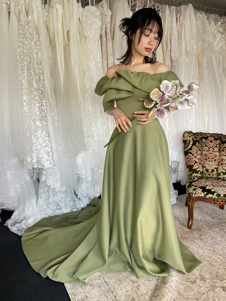 オフショルダー Aラインドレス モスグリーン(W274MG)