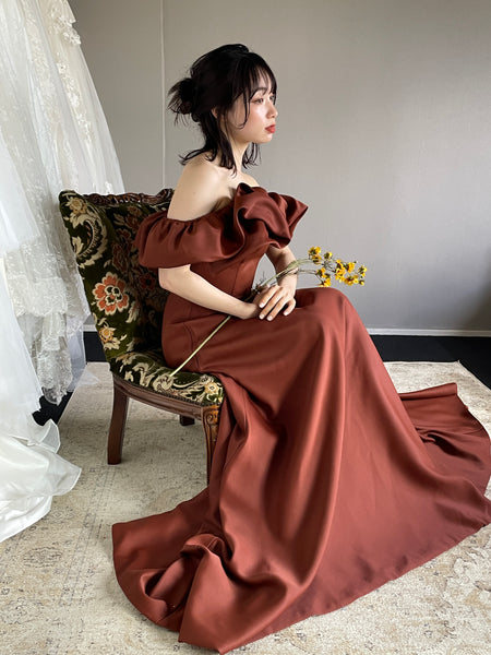 オフショルダー Aラインドレス バーガンディー(W274BG)