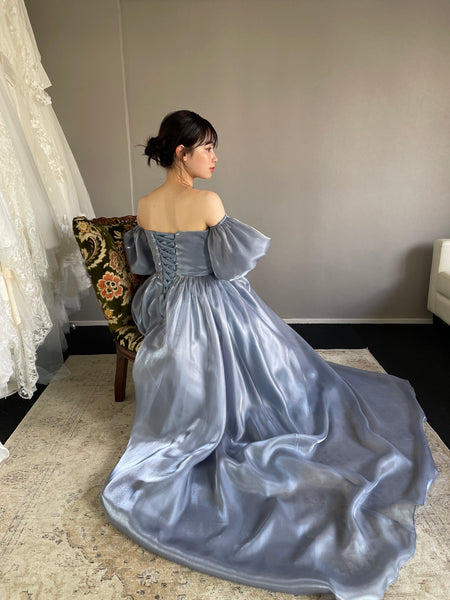 オフショルダー パフスリーブドレス ブルーグレー (W306BG)