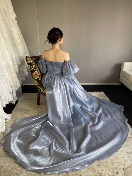 オフショルダー パフスリーブドレス ブルーグレー (W306BG)