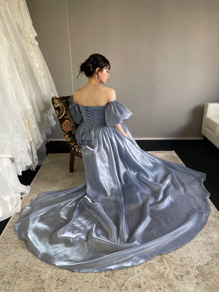 オフショルダー パフスリーブドレス ブルーグレー (W306BG)