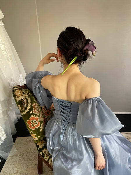 オフショルダー パフスリーブドレス ブルーグレー (W306BG)