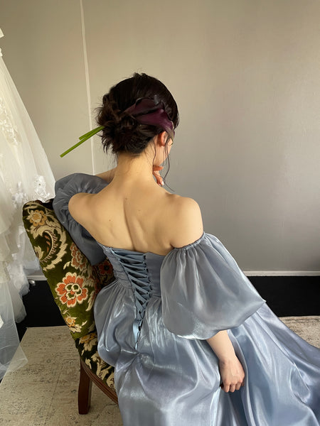 オフショルダー パフスリーブドレス ブルーグレー (W306BG)