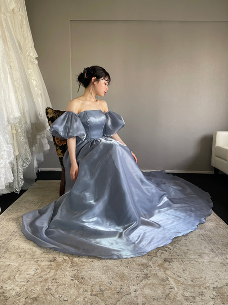 オフショルダー パフスリーブドレス ブルーグレー (W306BG)