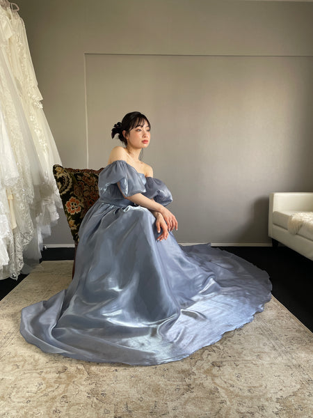 オフショルダー パフスリーブドレス ブルーグレー (W306BG)