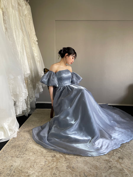 オフショルダー パフスリーブドレス ブルーグレー (W306BG)