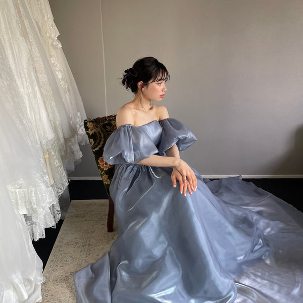 オフショルダー パフスリーブドレス ブルーグレー (W306BG)