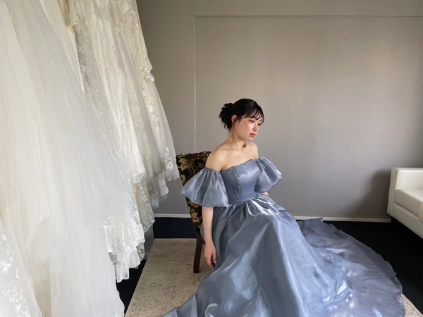 オフショルダー パフスリーブドレス ブルーグレー (W306BG)