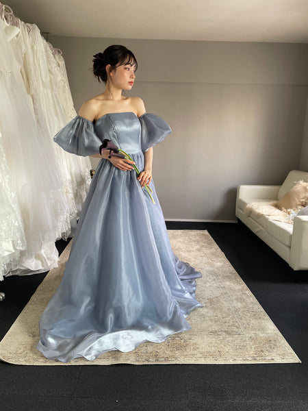 オフショルダー パフスリーブドレス ブルーグレー (W306BG)