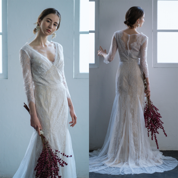 総レース Vネック 七分袖ドレス(W135)