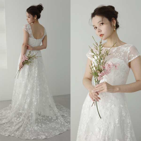 フレンチスリーブ 総レース Aラインドレス(W168)